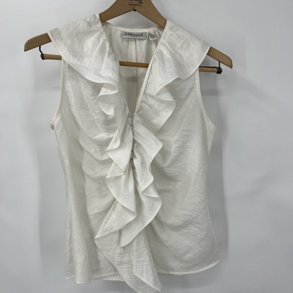 Farinaz Taghavi White Linen Blend Ruffle V-Neck Sleeveless Blouse Top Size 6